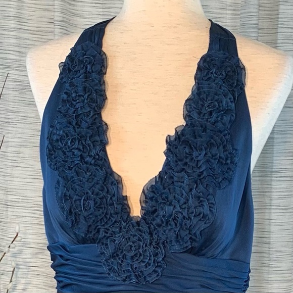 Adrianna Papell solid blue gathered halter styled evening party dress. - Picture 3 of 16